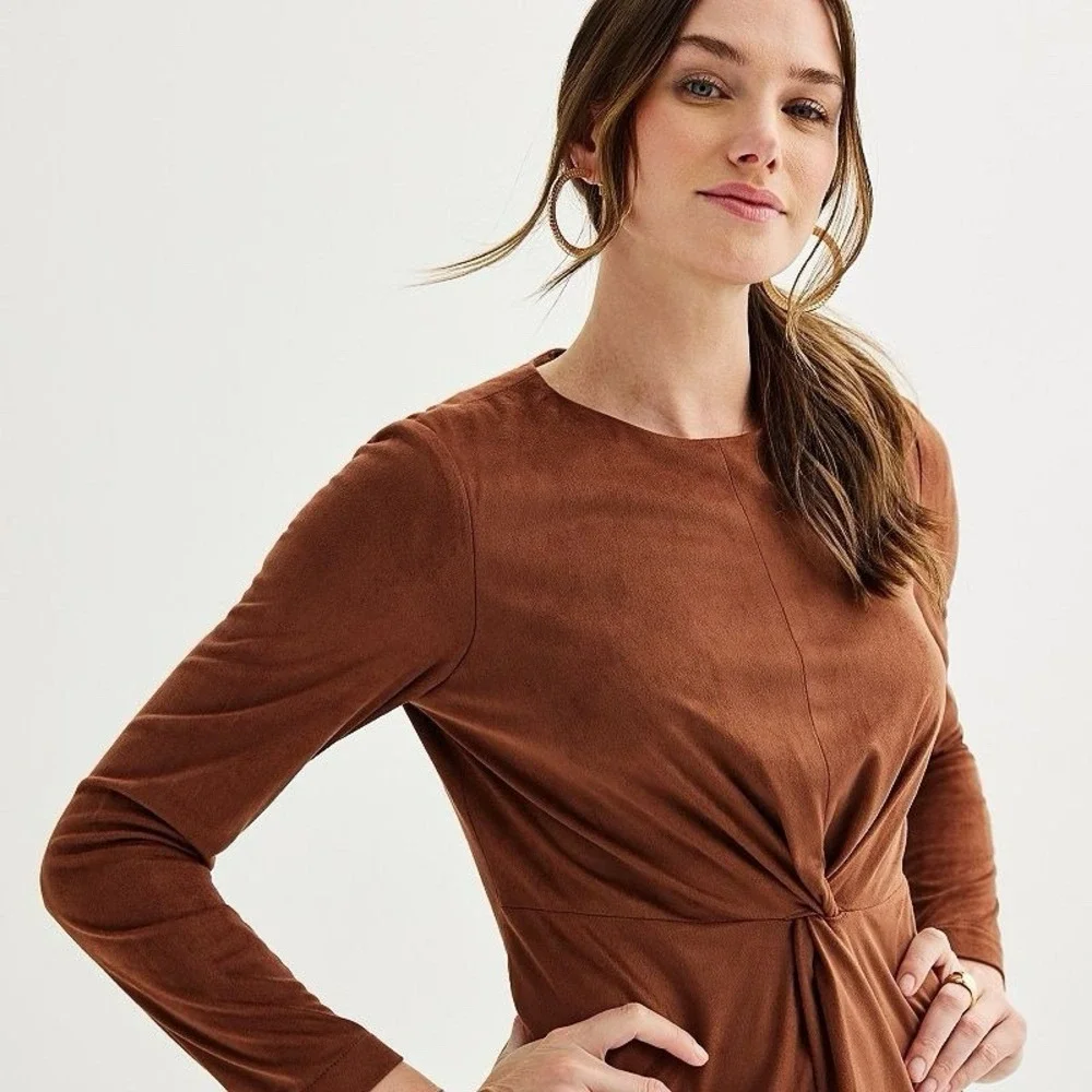 NWT Nicole Miller Women's 8 Faux Suede Long Sleeve Twist Front‎ Dress
